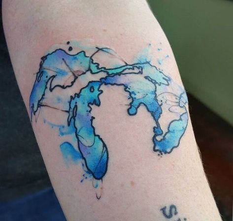 Great Lakes Tattoo, Michigan Tattoo, Dad Daughter Tattoo, Swimming In A Lake, Michigan Tattoos, Watercolor Tattoo Artists, Lake Tattoo, State Tattoos, Getting A Tattoo