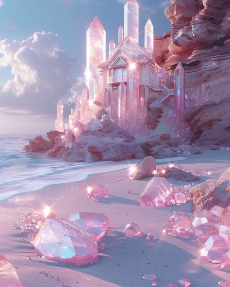 Crystal Landscape, Castle House Design, Crystal Princess, Pink Island, Pink Paradise, Pink Castle, Fantasy Rooms, Dreamy Artwork, Crystal Castle