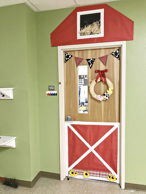 classroom-barn-door-5-copy Farm Door Ideas Preschool, Farm Preschool Decorations, Farm Theme Door Preschool, Barnyard Bulletin Board Ideas, Farm Decor For Classroom, Farm Classroom Door Ideas, Western Classroom Door Ideas, Farm Classroom Transformation, Farm Preschool Theme Decorations