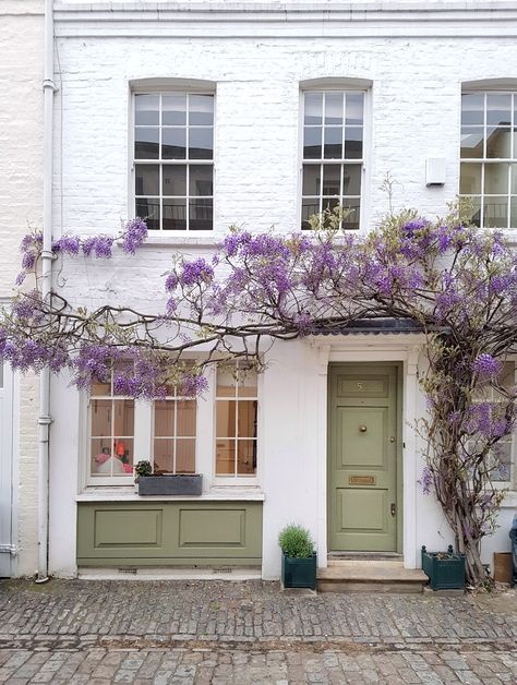 Wisteria Wisteria On House Exterior, Wisteria Victorian House, Copenhagen House Exterior, Wisteria Front Door, Vines On House Exterior, Wisteria On House, White Picket Fence Ideas, Wisteria House, Picket Fence Ideas