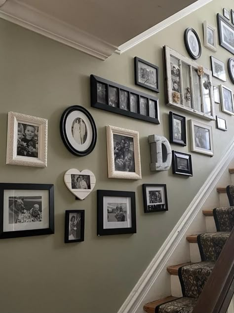 Family Pictures Staircase, Stairs Picture Wall, Photos On Staircase Wall, Photo Wall Collage Staircase, Staircase Photowall, Mixed Tiles Photo Wall Stairs, Gallery Wall Staircase Family Pics, Photos Going Up Staircase, Staircase Photo Wall