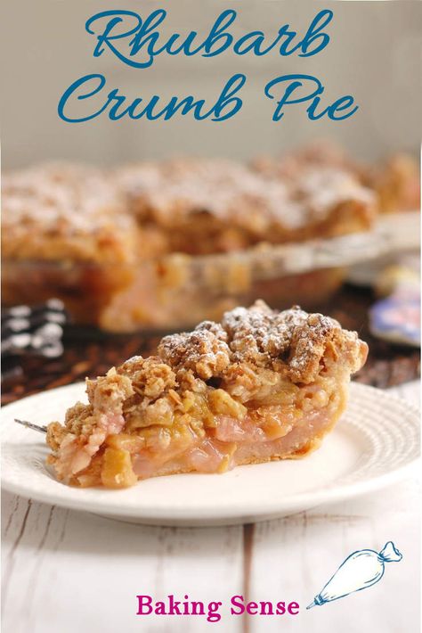 Rhubarb Crumb Pie is bursting with fresh rhubarb. The filling has a tart-sweet flavor and beautiful pink color. The pie is finished with a crumb topping made with brown sugar and oats. #fresh #homemade #from scratch #easy #best #recipe #crumb topping #crumble Rhubarb Crumble Pie, Rhubarb Recipes Pie, Homemade Pie Recipes, Crumb Pie, Fresh Rhubarb, Rhubarb Crumble, Pie Pie, Pie Crumble, Rhubarb Pie