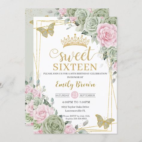 Butterfly Sweet 16, Green Quinceanera Theme, Pink And Gold Invitations, Sweet 16 Party Invitations, Pink Sweet 16, Sweet Sixteen Birthday Party Ideas, Purple Invitations, Quince Invitations, 16th Birthday Invitations