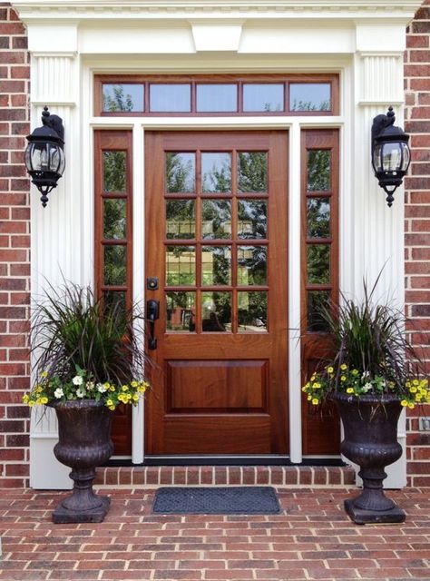 Front Door Makeover, Wooden Front Door Design, Wood Front Doors, Wooden Front Doors, Front Door Entrance, Red Brick House, Exterior Front Doors, House Front Door, Front Door Colors