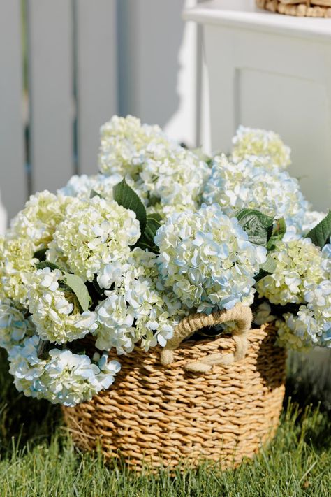 Looking for hydrangea wedding inspo? This coastal grandmother floral arrangement is the perfect option! Head to the the full gallery on the Style Me Pretty blog for more! Photography: Kimberly Hidore Photography (http://www.kimberlyhidorephotography.com) Basket Of Hydrangeas, Edgartown Marthas Vineyard, Hydrangea Wedding, Hydrangeas Wedding, Nancy Meyers, Coastal Grandmother, Trendy Flowers, Marthas Vineyard, Blue Hydrangea