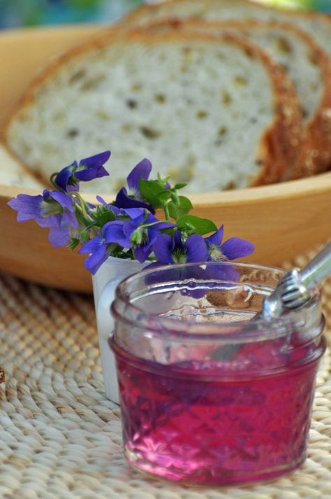 The excitement began last week when the girls' class picked violets to make jelly. And today the jelly was ready. The best part? Everyone got a little jar to bring home. Violet Jelly (makes 4 or 5 half-pint jars) 2 heaping cups of fresh violets- no stems 2 cups boiling... Eastern Decoration, Violet Jelly, Eastern Eggs, How To Make Jelly, Jam And Jelly, Jelly Recipes, Homemade Jam, Jams & Jellies, Jam Recipes