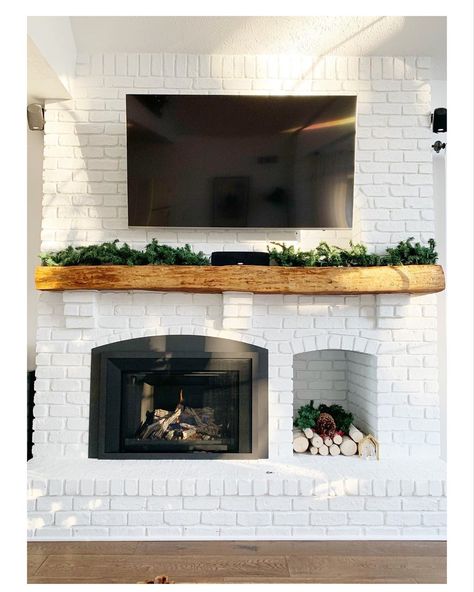 Fireplace Tv Wall Ideas, Fireplace Between Windows, Black Brick Fireplace, Modern Farmhouse Fireplace, Vented Gas Fireplace, Tv Wall Ideas, Sleek Fireplace, White Brick Fireplace, Fireplace Bookshelves