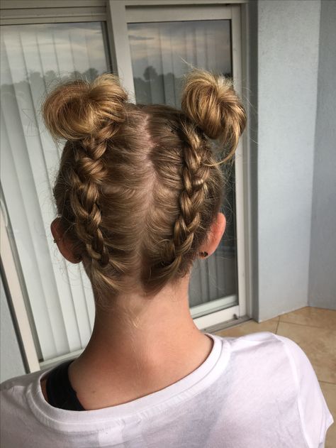 Braids To Buns Hairstyle, Underneath Braid, 2 Buns Hairstyle, Gymnastics Hairstyles, Braid Buns, Country Hairstyles, Under Braids, Two Buns, Gymnastics Hair