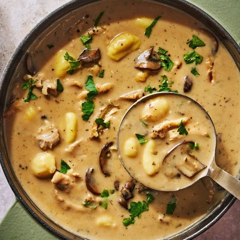 Creamy Chicken Marsala Gnocchi Soup Creamy Chicken Marsala, Gnocchi Recipes Soup, Marsala Chicken Recipes, Winter Soup, Pan Fried Chicken, Gnocchi Soup, Dumplings For Soup, How To Cook Mushrooms, Best Soup Recipes