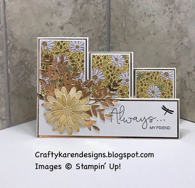 craftykarendesigns: Fun Fold Friday #30 - Ornate Garden Daisy Triple Stepper Card Ornate Garden, Side Step Card, Stepper Cards, Fancy Fold Card Tutorials, Sunflower Cards, Card Making Templates, Daisy Cards, Card Folds, Step Cards