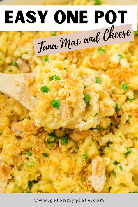 Tuna Mac and Cheese recipe is a hearty, delicious throwback recipe that never disappoints! In this version, everything is made in ONE POT and has the option to bake it into a tuna mac and cheese casserole with a crunchy, buttery topping...or eat it straight from the pot! Either way, you will love this easy, creamy mac and cheese that's done in about 30 minutes! #onepotmeals #easydinner #tunarecipes | www.getonmyplate.com Easy Creamy Mac And Cheese, Tuna Macaroni Casserole, Tuna Mac And Cheese, Mac And Cheese One Pot, Kraft Mac And Cheese Recipe, Tuna Casserole Easy, Macaroni Casserole, Mac And Cheese Casserole, Tuna Casserole Recipes