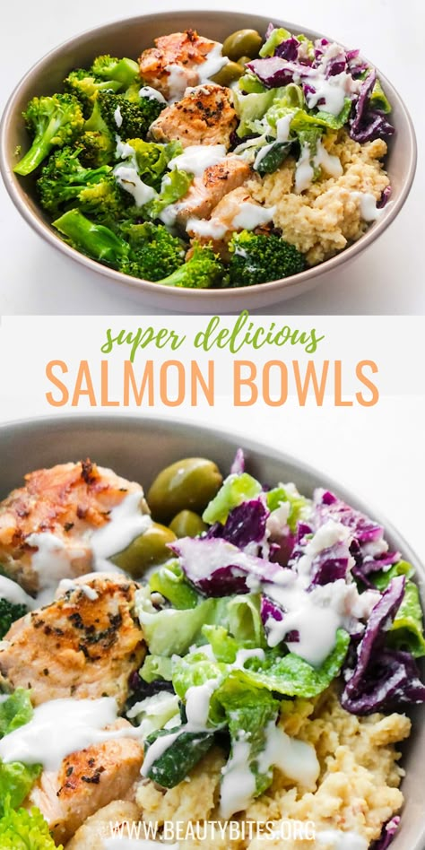 Mediterranean Salmon Bowl - Beauty Bites Zucchini Hummus, Salmon Bowls, Health Lunch, Mediterranean Salmon, Beauty Bites, Keto Appetizers, Easy Mediterranean Diet Recipes, Salmon Bowl, Healthy Salmon Recipes