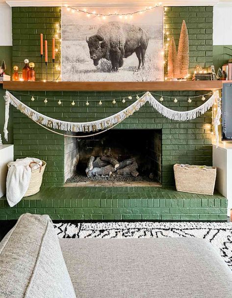 Maximalist Fireplace Mantle, Eclectic Mantle Decor, Colorful Mantle, Boho Fireplace Mantle Decor, Boho Mantle Decor, Boho Mantle, Boho Fireplace, Brick Fireplace Ideas, Green Fireplace