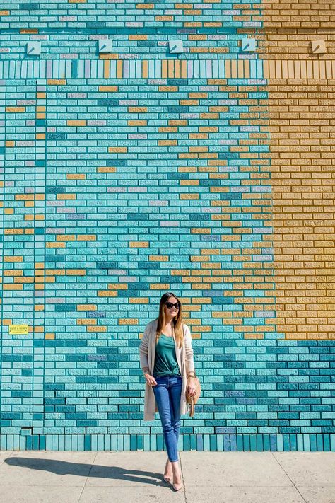 Colorful Brick Wall Santa Monica Colorful Brick Wall, Long Beige Cardigan, Gucci Soho Disco Bag, Brick Ideas, Brick Interior Wall, Soho Disco Bag, Lake Style, Cardigan Green, Shooting Ideas