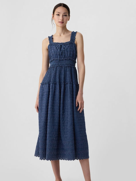 Doen Dress, Blue Wardrobe, Earthy Girl, Eyelet Midi Dress, Summer Items, Glamorous Fashion, Denim Midi Dress, Water Saving, Cotton Midi Dress