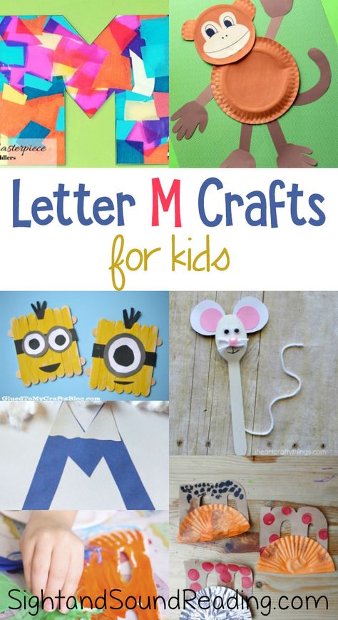 Letter M Crafts https://www.sightandsoundreading.com/letter-m-crafts/?utm_campaign=coschedule&utm_source=pinterest&utm_medium=Mrs.%20Karle%27s%20Sight%20and%20Sound%20Reading%7C%20Literacy%20Lesson%20Plans%20and%20%20educational%20activities&utm_content=Letter%20M%20Crafts Letter M Crafts for preschool or kindergarten - Fun, easy and educational! Students will have fun learning and making these fun crafts! M Ideas Letter, M Week Preschool, M Projects For Preschool, M Letter Activities For Preschool, M Is For Preschool Craft, M Phonics Activities, Letter M Lesson Plans Preschool, Letter Mm Crafts For Preschool, M Letter Crafts For Preschool