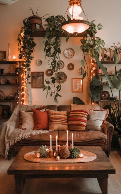 Maximalist Rustic Decor, Bohemian Style Studio Apartment, Earthy Western Living Room, Thrifted Living Room Aesthetic, Vintage Boho Living Room Decor, Small Bohemian Apartment, Thrifted Apartment Living Room, Vintage Boho Apartment, Eclectic Minimalist Decor Living Room