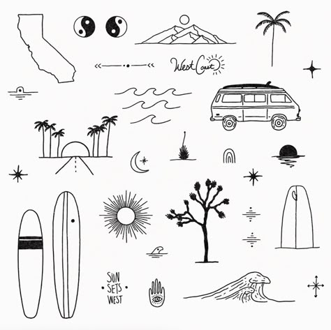 simple illustrations and original designs by Kinsey H. Designs - vans, van life, travel, exploring, nature, surf, surfing, desert, mountains, minimalist, line art, and adventure inspired - #design #illustration #minimal #minimalillustration #desert #nature #explore #simple #simpledesign #lineart #travel #van #cactus #sun #minimalist #simplicity #saguaro #mountain #boho #minimalist #outdoor #graphicdesign #vanlife #simplistic #earthy #organic #retro #hippy #hippie #desertart #western #tattoo California Flash Tattoo, Tiny California Tattoo, California Dreaming Tattoo, Sheet Tattoo Ideas, Flash Sheet Tattoo Ideas, Cali Tattoo Ideas, Simple Hippie Tattoos, Surfer Tattoo Ideas, Surf Tattoo Ideas