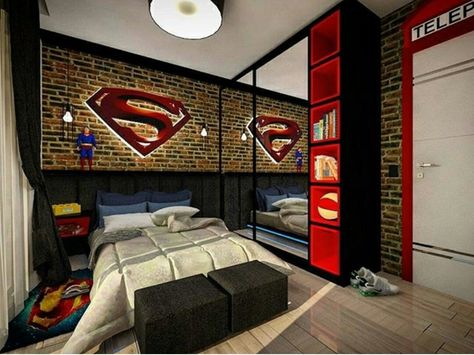 Superman bedroom adult geek Marvel Adult Bedroom, Dc Room Ideas, Flash Bedroom, Superman Bedroom, Superman Room, Superhero Room Decor, Cuartos Aesthetic, Bedroom Adult, Marvel Room