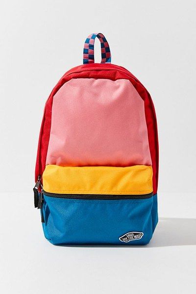 Red, pink, yellow, blue backpack from Vans Off the Wall Vans Colorful, Everlane Backpack, Patchwork Backpack, Prep Girl, Backpack Fjallraven, Totally 80s, Backpack Organization, Trendy Backpacks, Red Backpack