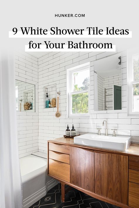 Shower Wall And Floor Tile Ideas, All White Shower Tile, White Tile Bathroom With Tub, Timeless Bathroom Tiles, White Tiled Bathroom Ideas, Timeless Bathroom Tile Combinations, Classic Bathroom Tile Ideas, White Tile Showers, White Tiles For Bathroom