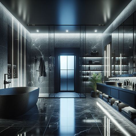 This masculine black and gray master bathroom boasts a dark stone freestanding tub, glass enclosed rainfall shower, and double granite vanity. Showcased high-end grooming products and modern art add a luxurious touch. #ModernBathroom #BachelorPad #LuxuryBathroom #FreestandingTub #RainfallShower #GraniteVanity Black Luxury Bathroom Aesthetic, Dark Royal Bathroom, Bachelor Bathroom, Men’s Dark Bathroom Ideas, Rich Bathroom Luxury Black, Royal Bathroom Aesthetic Dark, Luxury Bathroom Master Baths, Granite Vanity, Bathroom Retreat