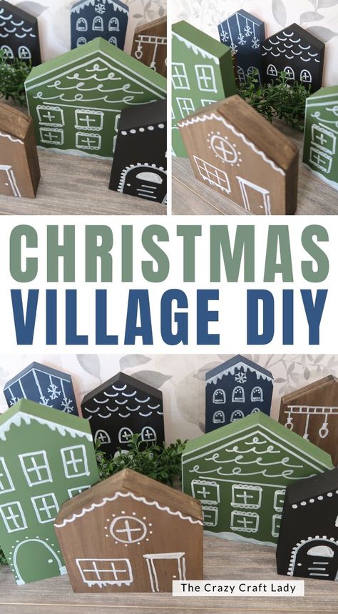 Diy Wood Christmas Village, Dollar Tree Wood House Crafts, Wooden Christmas Village Houses, Wooden Gingerbread House, Wooden Christmas Village, Gingerbread House Village, Jess Crafts, Little Wooden Houses, Christmas Village Decorations