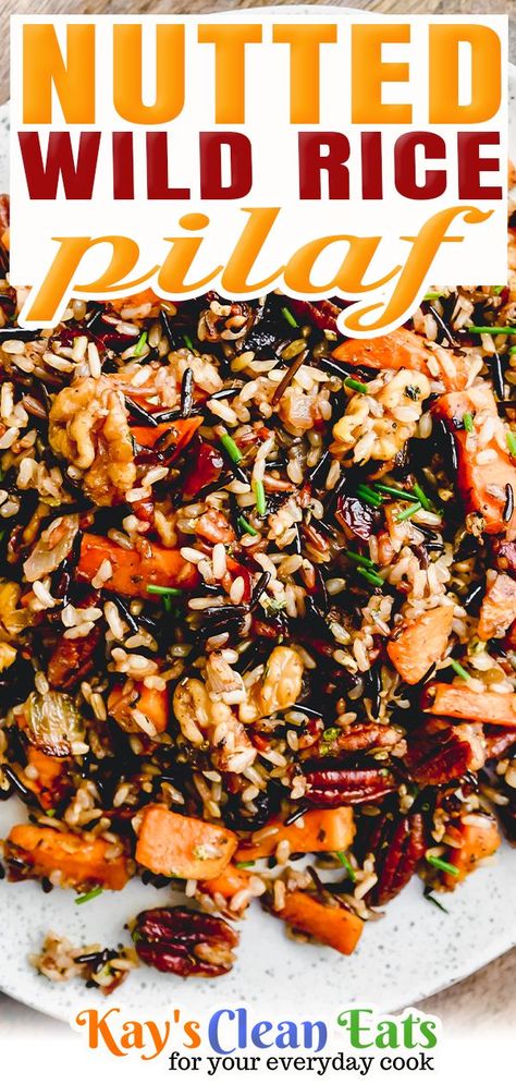 Nutted Wild Rice Pilaf is an amazing side dish filled with so much flavor and texture. The combination of sweet potatoes, nuts, herbs, cranberries, and wild rice come together and make this dish unforgettable! One of my favorite things about this time of year is all the gatherings. I love getting together with family and friends and sharing in the spirit of gratitude for all we are so grateful for. | @kayscleaneats #ricepilaf #widlricerecipe #fallsidedish #ricepilafrecipe Rice Dishes For Thanksgiving, Rice For Thanksgiving, Wild Rice Pilaf Recipe, Wild Rice And Sweet Potato Recipes, Thanksgiving Rice Recipes, Thanksgiving Wild Rice, Pine Nut Rice Pilaf, Cranberry Pecan Wild Rice Pilaf, Cranberry Pecan Sweet Potato Wild Rice Pilaf