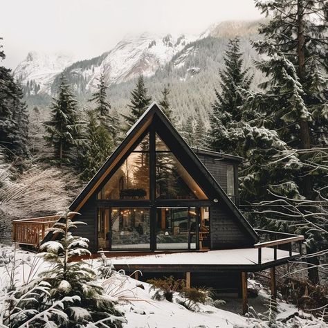 Modern cabin surrounded by snowy mountains and pine forests, ideal for a winter retreat. Modern Winter Cabin, Snowy Mountain Cabin, Bloxburg Cabin, Snowy Cabin In The Woods, Large Glass Windows, Snowy House, Snow Cabin, Winter Lodge, Snowy Cabin