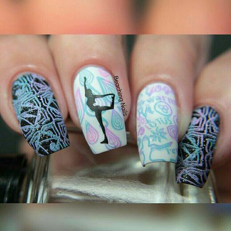 Yoga nails by #beachingnails instagram Stamp nail art Bodybuilding Competition Nails, Yoga Nail Art, Dancer Nails Art Designs, Yoga Nails Art Design, Yoga Nails Design, Yoga Nails, Buddha Nails Art, Gymnastics Nails, G Nails