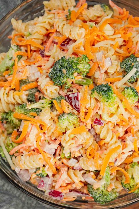 Broccoli Cheddar Pasta Salad is a tasty cold side dish recipe loaded with rotini pasta, broccoli florets, red onions, shredded carrots, cheddar cheese and parmesan all tossed in a mayo and ranch dressing mixture. Broccoli Cheddar Pasta Salad, Cheddar Pasta Salad, Broccoli Cheddar Pasta, Cheddar Pasta, Delicious Pasta Salad, Pasta Broccoli, Summer Pasta Salad Recipes, Cold Pasta Salad Recipes, Cold Side