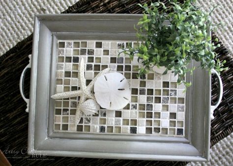 Old Frame Turned DIY Tiled Tray - EASY DIY - artsychicksrule.com #diytiledtray #tiledtray Tiled Tray, Diy Tufted Ottoman, Diy Trays, Upcycle Frames, Tile Tray, Crafts Upcycling, Picture Frame Tray, Crafts Clothes, Diy Bench Outdoor