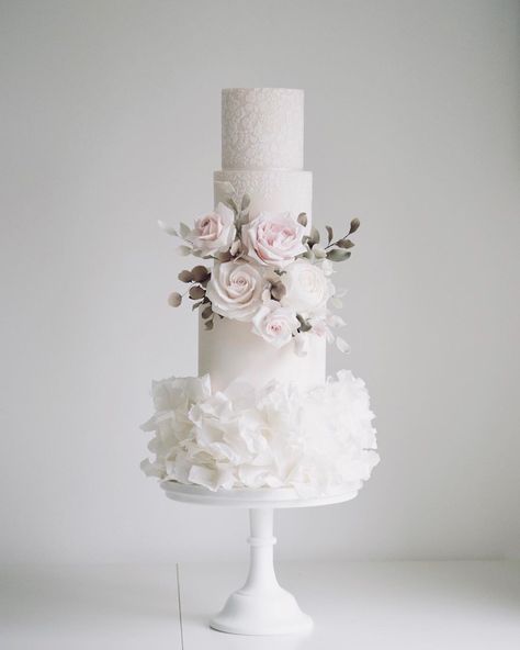 Tracy James on Instagram: “New design ... fluffy wafer paper ruffles with blush icing, sugar flowers & greenery. Gorgeous stencil from @amelieskitchen 💕…” Delicate Cakes, Extravagant Cakes, Paper Ruffles, Cotton And Crumbs, Contemporary Wedding Cakes, Ruffle Wedding Cake, Cake Design Inspiration, Wafer Paper Flowers, Wafer Paper Cake