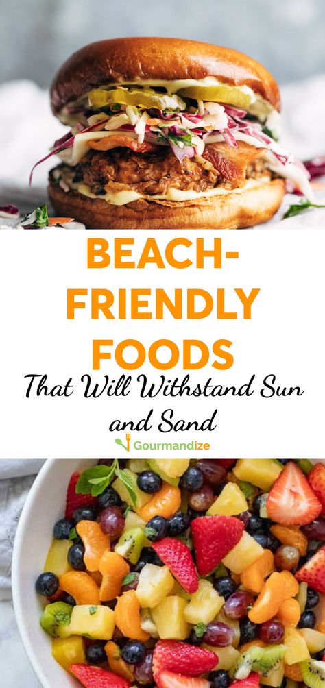 Plan the perfect beach day with these no-fuss recipes your whole family will love.  #beach #easyrecipes #beachfood #picnicfood #beachday #summerrecipes #friedchicken #fruitsalad #salad #sandwiches Beach Vacation Recipes Meal Planning, Easy Beach Lunch Ideas Clean Eating, Dinner On The Beach Food, Beach Vacation Menu Ideas, Easy Beach Day Meals, Food Ideas For Beach Day, Dinner Ideas For The Beach, Beach Sandwiches Summer, Beach Picnic Menu Ideas