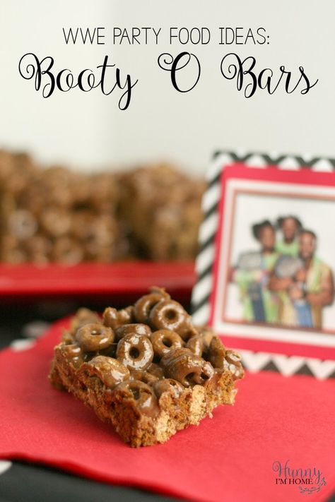 These chocolate cereal bars make the best WWE Party Food -- just call them Booty O Bars! | WWE birthday party | WWE birthday party ideas | WWE party ideas | wrestling birthday party | wrestling birthday party ideas | wrestling party ideas | Chocolate Cheerios bar | boy party ideas #WWE #partyplanning #boyparties Wwe Party, Wwe Birthday Party, Chocolate Cereal, Cereal Bars, Birthday Party Food, Gluten Free Chocolate, Afternoon Snacks, Fun Snacks, Delicious Chocolate