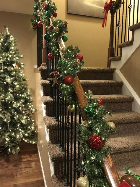 Custom Length-Christmas Garland for Staircase Christmas | Etsy Staircase Christmas Garland, Garland For Staircase, Christmas Garland Staircase, Staircase Christmas, Christmas Banister, Garland Christmas Decor, Christmas Stairs Decorations, Christmas Staircase Decor, Christmas Stairs