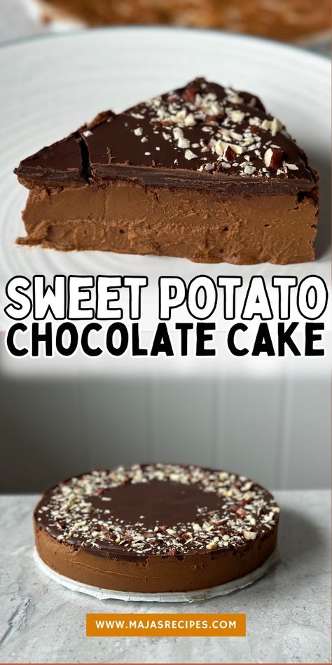 This viral sweet potato chocolate cake is made with just two ingredients! It’s a surprisingly delicious and healthy dessert that’s quick and easy to make. Save this recipe for a unique, gluten-free cake that’s gone viral for a reason! Chocolate Sweet Potato Cake, Sweet Potato Chocolate Cake, Healthy Sweet Potato Chocolate Cake, Simple And Easy Chocolate Cake Recipe, Sweet Potato Brownies Healthy Easy, Healthy Brownie Recipe Sweet Potatoe, Pumpkin Blondies Recipe, Sweet Potato Chocolate, Pavlova Cake