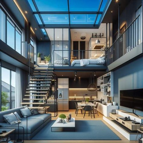 [𝑺𝒂𝒗𝒆 & 𝑭𝒐𝒍𝒍𝒐𝒘]~♡´･ᴗ･`♡ Industrial Mezzanine, Mezzanine House Design, Mezzanine House, Small Loft Apartments, Loft Homes, Loft House Design, Aesthetic Architecture, Loft Interior Design, Tiny House Loft