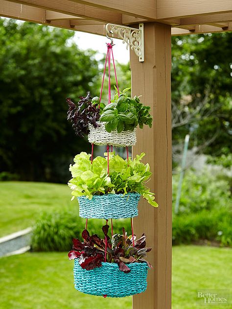 Since we all crave different flavors daily, give yourself room to grow lots of summer herbs. A tiered planter like this DIY hanging basket can be re-created by stringing together multiple woven containers wtih colorful cording. Hang outside your kitchen window or on your porch so you can snip off the sprigs you want and leave the rest for another summertime supper. Summer Herbs, Diy Garden Decor Projects, Container Gardening Ideas, Diy Frühling, Balkon Decor, Tiered Planter, Summer Diy Projects, Vertical Gardens, Plant Basket