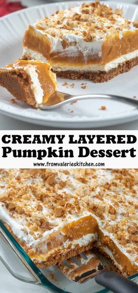 Easy Pumpkin Desserts For A Crowd, Fall Dessert Ideas Easy, Ginger Snap Crust, Layered Pumpkin Dessert, Pumpkin Delight, Cream Cheese Desserts, Make Ahead Desserts, Layered Desserts, Fall Foods