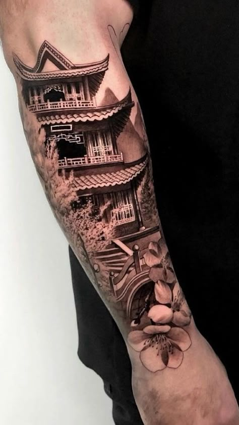 Japanese Temple Tattoos: Meanings, Symbolism & More Ronin Tattoo, Japanese Temple Tattoo, Japanese Forearm Tattoo, Shoulder Tattoo Designs, Samurai Tattoo Sleeve, Japanese Tattoos For Men, Temple Tattoo, Tattoo Japanese Style, Tattoo Dotwork