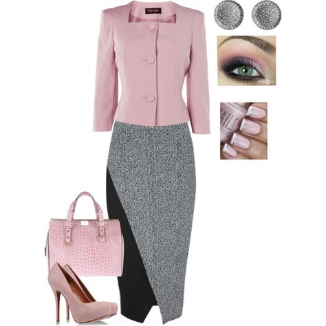 rosa y gris Luxury Gray Skirt For Work, Chic Gray Party Skirt, Gray Skirt Pink Top Outfit, Grey Skirt Suit Women, Chic Pink Skirt Suit For Office, Pink Top Outfit, Work Skirt Outfit, Michael Kors Clothes, Job Clothes