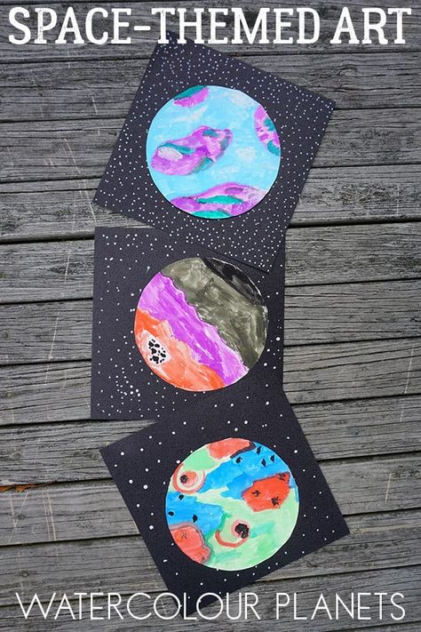 Space Crafts Preschool Art Ideas, Planet Art Preschool, Watercolor Space Art, Solar System Art For Kids, Space Themed Art Projects, Solar System Art Projects For Kids, Preschool Space Art, Space Kids Crafts, Space Theme Crafts