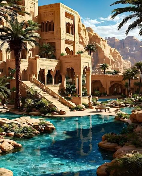 Arabian Palace, Desert Pool, Front Courtyard, The Oasis, Desert Oasis, Fantasy House, Fantasy City, Fantasy Castle, Fantasy Setting