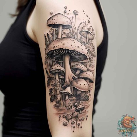 Mushroom Face Tattoo, Shroom Tattoo Ideas, Mushroom Tattoos For Women, Skull And Mushrooms Tattoo, Red Mushroom Tattoo, Realistic Mushroom Tattoo, Trippie Tattoos, Shroom Tattoo, Mushrooms Tattoo Design