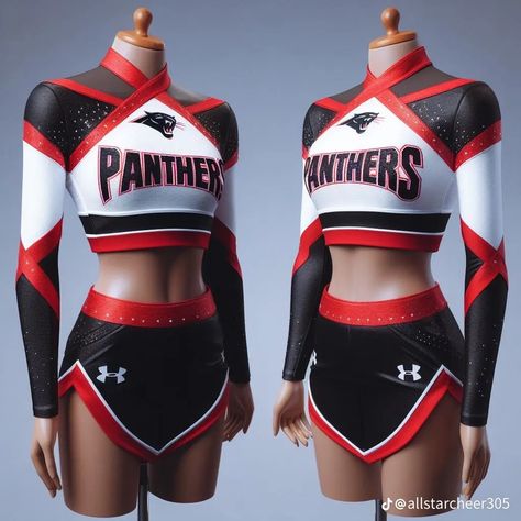 Cheerleading Outfits Red And Black, Cheerleader Uniforms, Riverdale Cheerleader Outfit, Red Cheer Uniforms, Burgundy Cheer Uniform, Cheerleading Uniforms All Star, Drill Team Uniforms, Panthers Cheerleaders, Majorette Outfits