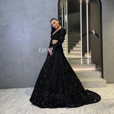 Ejaaz Couture on Instagram: “#EjaazMuse @riya.bami in our statement black embellished lehenga set with feather art dupatta at our Flagship Store ~ Defence Colony, New…” Ejaaz Couture, Black And White Wedding Theme, Reception Outfit, Black Lehenga, Reception Lehenga, Indian Outfits Lehenga, Stitched Lehenga, Bollywood Lehenga, Punjabi Outfits