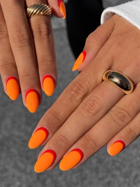 Orange nails with red, reverse French tips Nail Designs Almond Shape Ideas, Nail Designs Almond Shape, Nail Designs Almond, Reverse French Nails, Red Orange Nails, Emoji Nails, Reverse French, Blue Ombre Nails, White Gel Nails