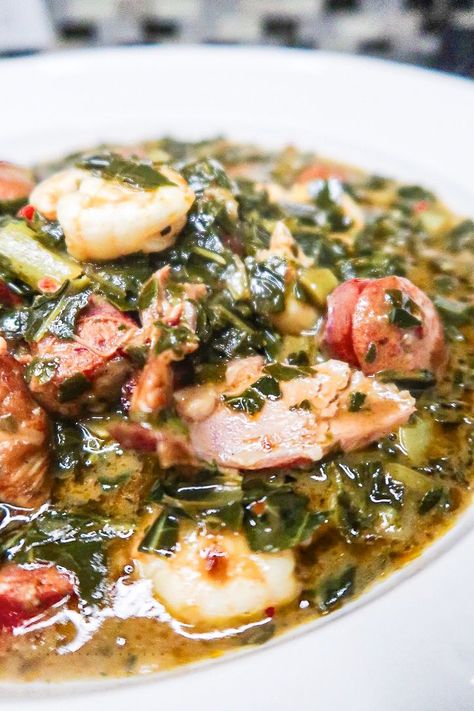 Gumbo Recipe For Canning, Gumbo Greens With Cabbage, Gumbo Yaya Recipe, Gumbo Greens Recipe With Shrimp, Gumbo Greens Recipe, Collard Green Gumbo, Greens Gumbo, Gumbo Greens, Green Gumbo