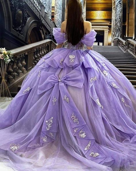 Puffy Dresses Purple, Purple Tulle Ball Gown, Quince Modern Dresses, Big Purple Quinceanera Dresses, Purple Cinderella Dress, Princess Ball Gowns Purple, Layered Quince Dress, Purple Quinceanera Dresses Butterfly With Sleeves, Quince Dresses With Puffy Sleeves